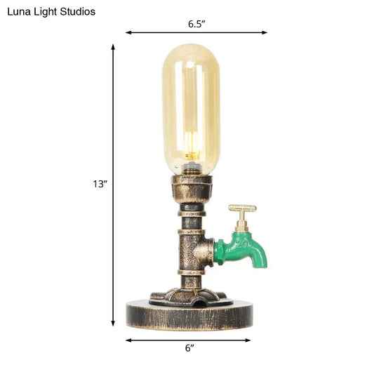 Industrial Brass Table Light With Pipe Metal Base - Clear/Amber Glass Nightstand Lamp For Teahouse