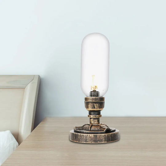 Industrial Brass Table Light With Pipe Metal Base - Clear/Amber Glass Nightstand Lamp For Teahouse