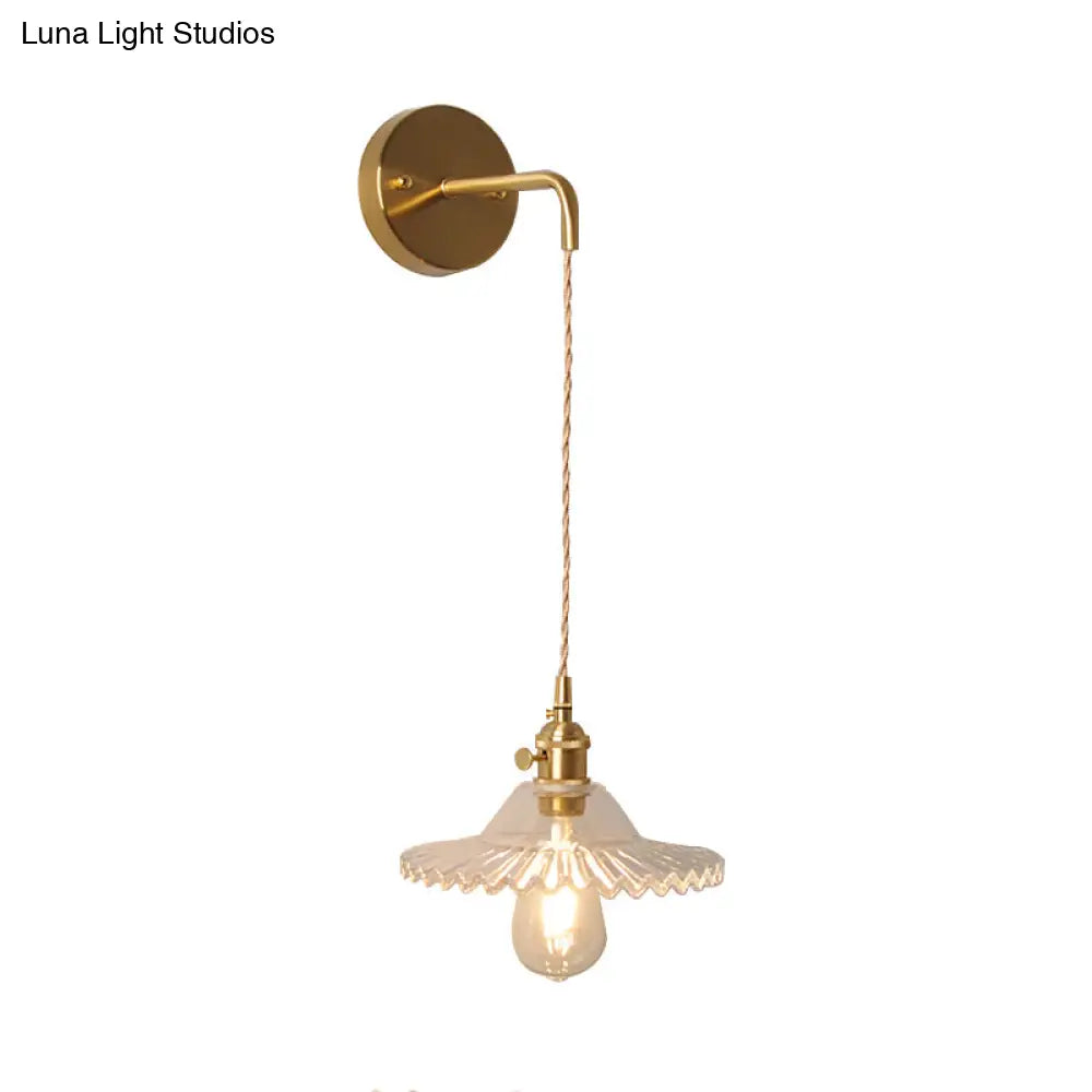 Industrial Brass Wall Mounted Lamp: Scalloped Clear/Opal Glass Bedroom Sconce Light With Single Bulb