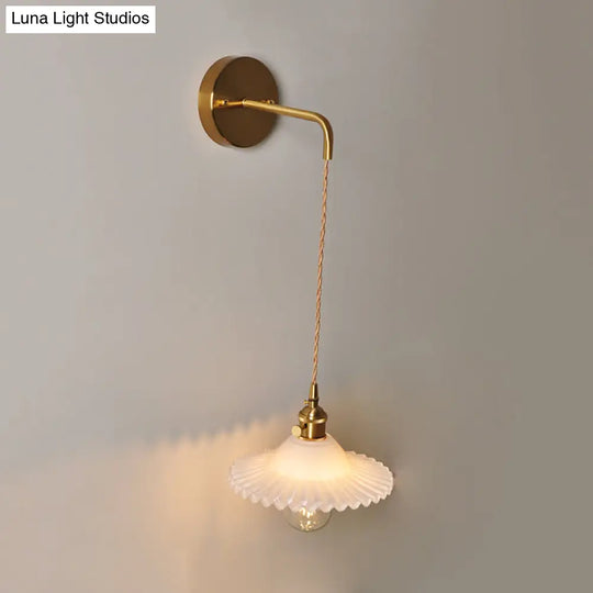 Industrial Brass Wall Mounted Lamp: Scalloped Clear/Opal Glass Bedroom Sconce Light With Single Bulb