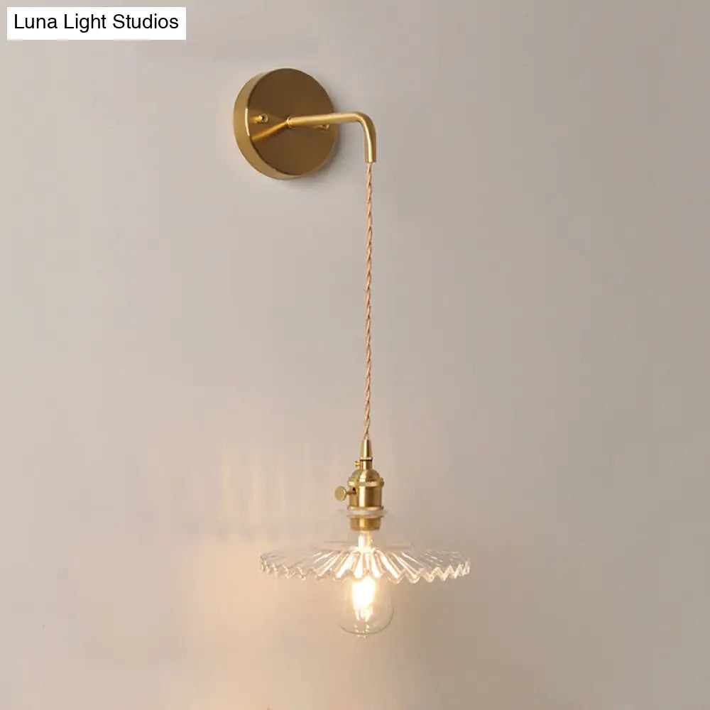 Industrial Brass Wall Mounted Lamp: Scalloped Clear/Opal Glass Bedroom Sconce Light With Single Bulb