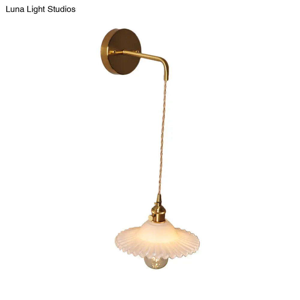 Industrial Brass Wall Mounted Lamp: Scalloped Clear/Opal Glass Bedroom Sconce Light With Single Bulb