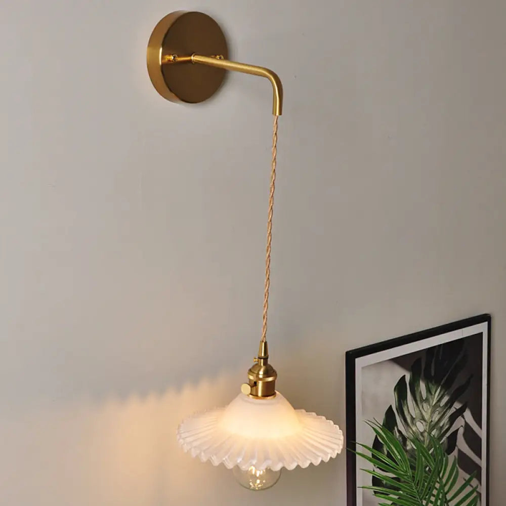 Industrial Brass Wall Mounted Lamp: Scalloped Clear/Opal Glass Bedroom Sconce Light With Single Bulb