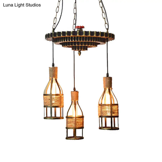 Industrial Bronze Bottle Chandelier - 3-Light Rope And Metal Hanging Pendant Light Fixture For