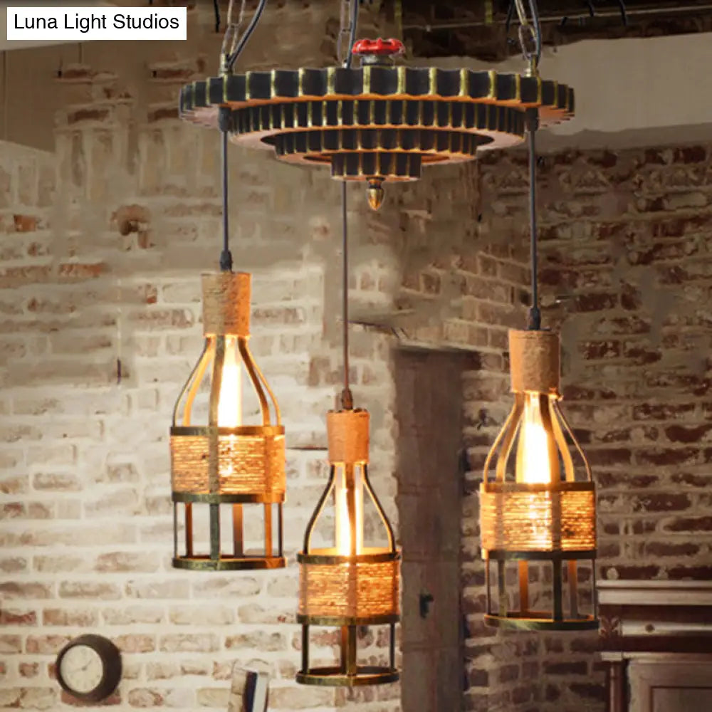 Industrial Bronze Bottle Chandelier - 3-Light Rope And Metal Hanging Pendant Light Fixture For