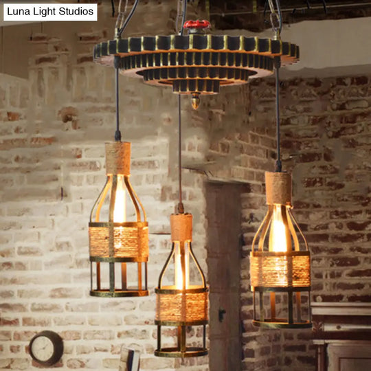 Industrial Bronze Bottle Chandelier - 3-Light Rope And Metal Hanging Pendant Light Fixture For