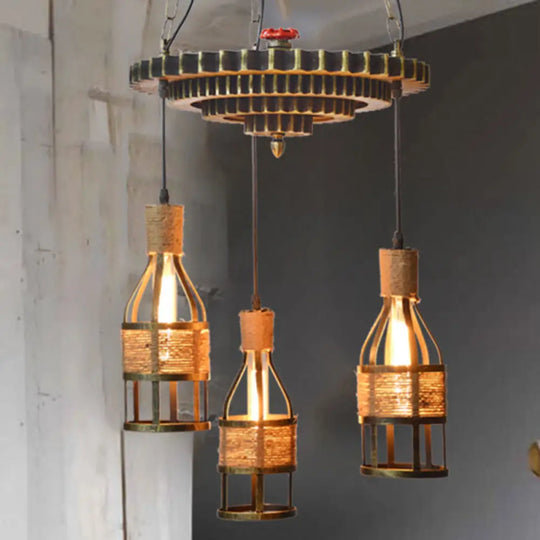 Industrial Bronze Bottle Chandelier - 3-Light Rope And Metal Hanging Pendant Light Fixture For