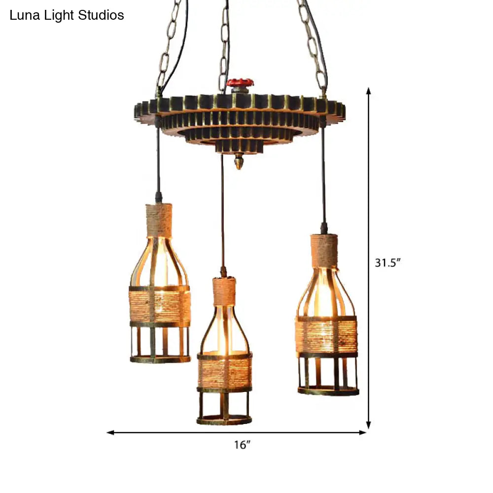 Industrial Bronze Bottle Chandelier - 3-Light Rope And Metal Hanging Pendant Light Fixture For