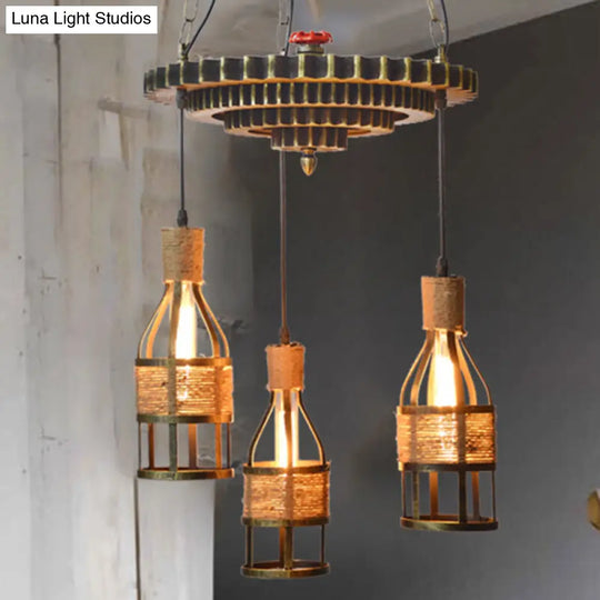 Industrial Bronze 3-Light Hanging Chandelier - Rope And Metal Pendant Fixture For Dining Room With