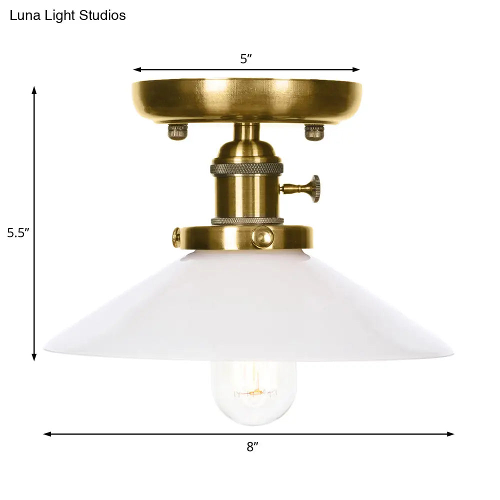 Industrial Bronze Cone/Saucer Semi Flush Mount Light With White/Clear Glass - 1 Living Room Ceiling