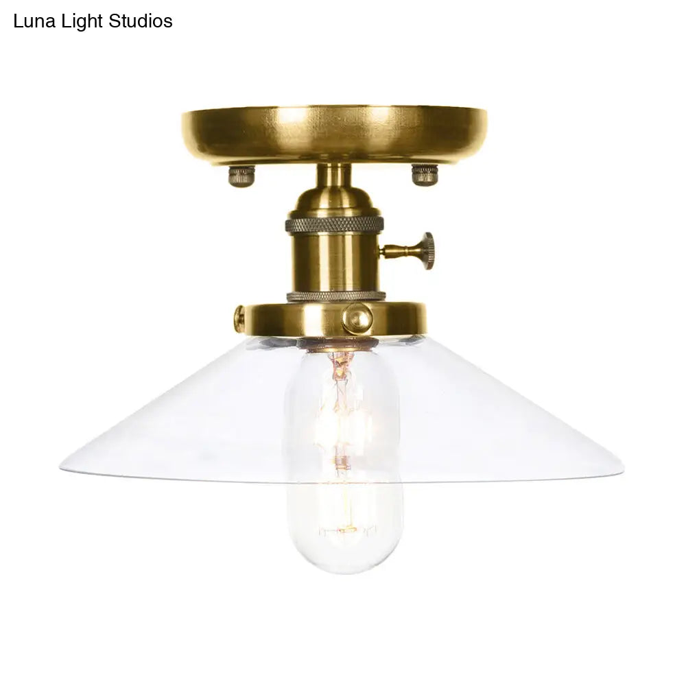 Sleek Bronze Cone/Saucer Semi Flush Mount Light With Industrial White/Clear Glass - Ideal Living