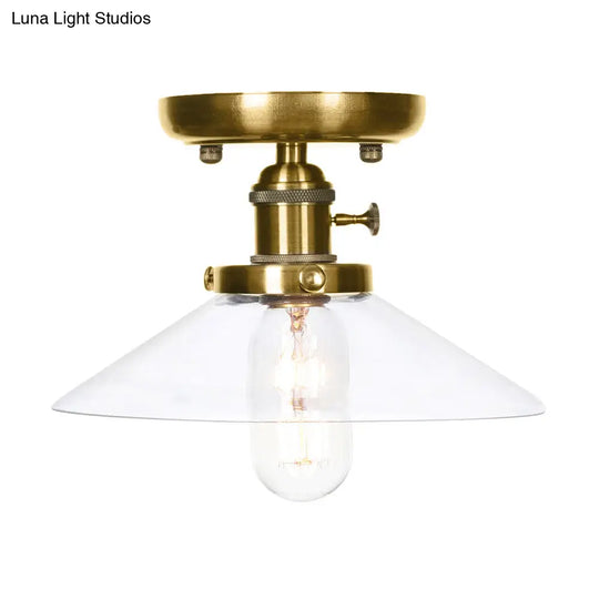 Sleek Bronze Cone/Saucer Semi Flush Mount Light With Industrial White/Clear Glass - Ideal Living