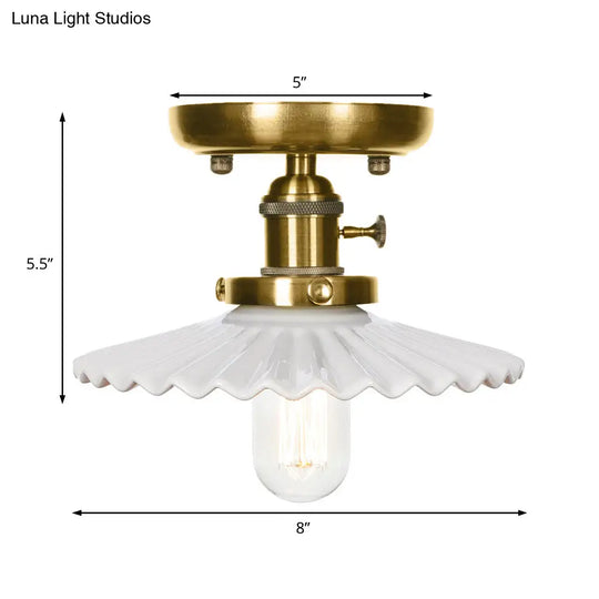 Industrial Bronze Cone/Saucer Semi Flush Mount Light With White/Clear Glass - 1 Living Room Ceiling