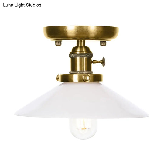 Industrial Bronze Cone/Saucer Semi Flush Mount Light With White/Clear Glass - 1 Living Room Ceiling