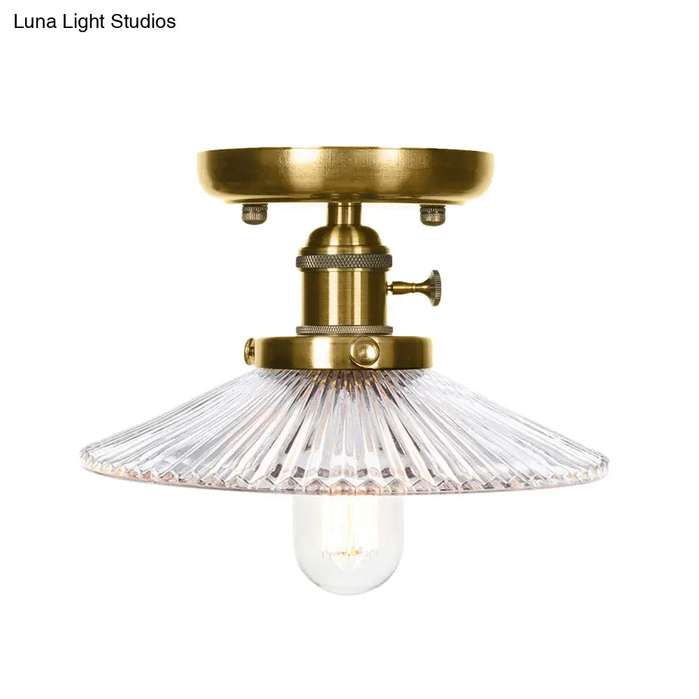 Industrial Bronze Cone/Saucer Semi Flush Mount Light With White/Clear Glass - 1 Living Room Ceiling