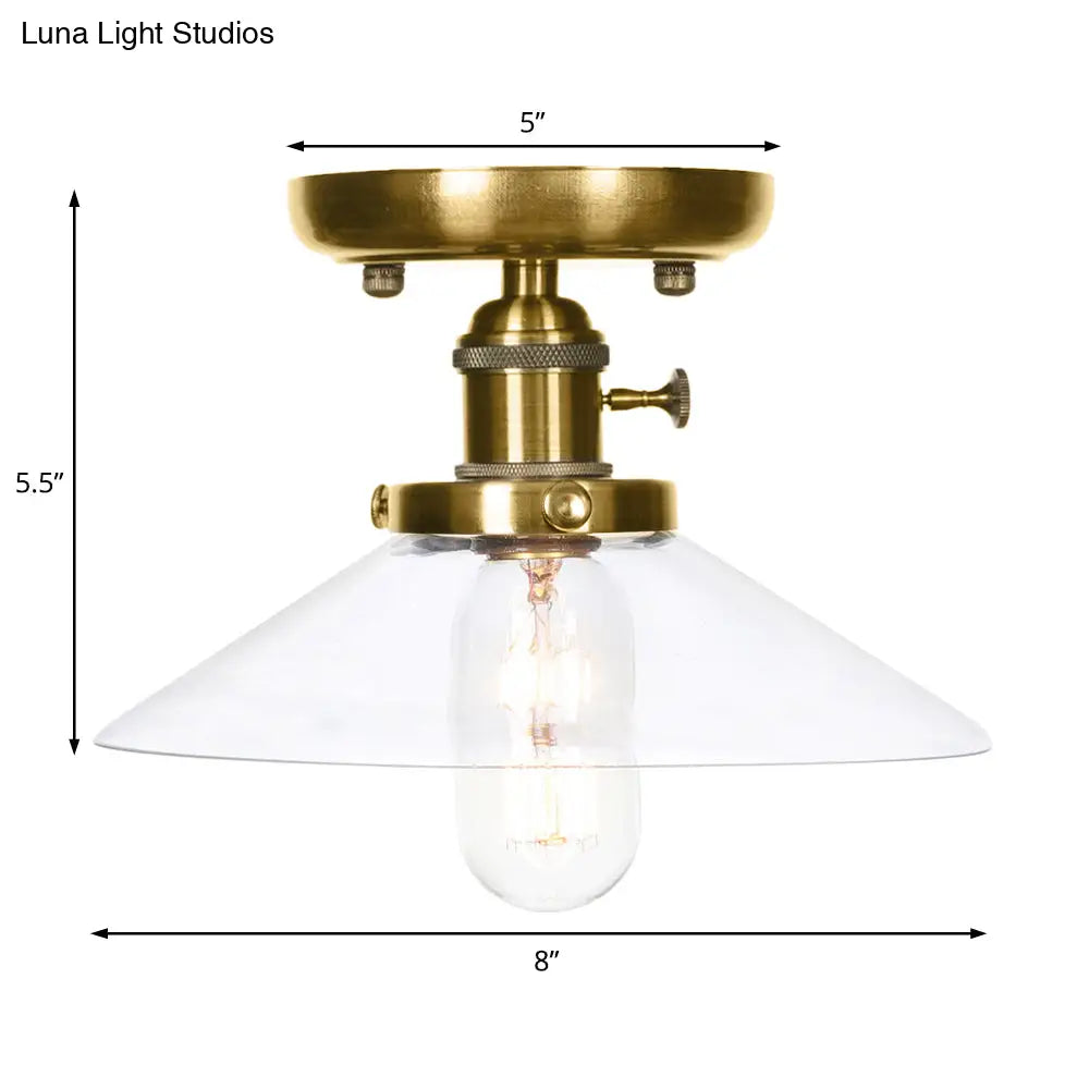 Industrial Bronze Cone/Saucer Semi Flush Mount Light With White/Clear Glass - 1 Living Room Ceiling