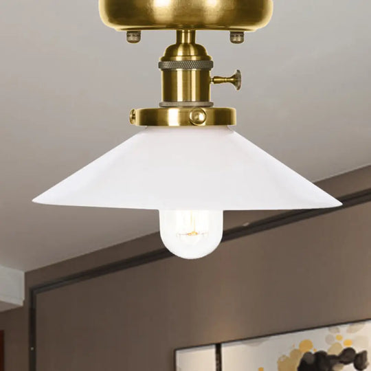 Industrial Bronze Cone/Saucer Semi Flush Mount Light With White/Clear Glass - 1 Living Room Ceiling