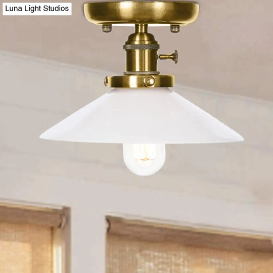 Industrial Bronze Cone/Saucer Semi Flush Mount Light With White/Clear Glass - 1 Living Room Ceiling