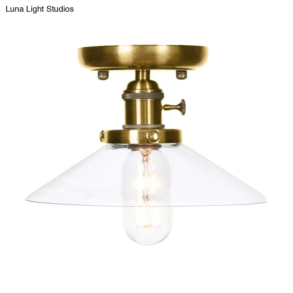 Industrial Bronze Cone/Saucer Semi Flush Mount Light With White/Clear Glass - 1 Living Room Ceiling