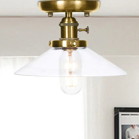 Industrial Bronze Cone/Saucer Semi Flush Mount Light With White/Clear Glass - 1 Living Room Ceiling