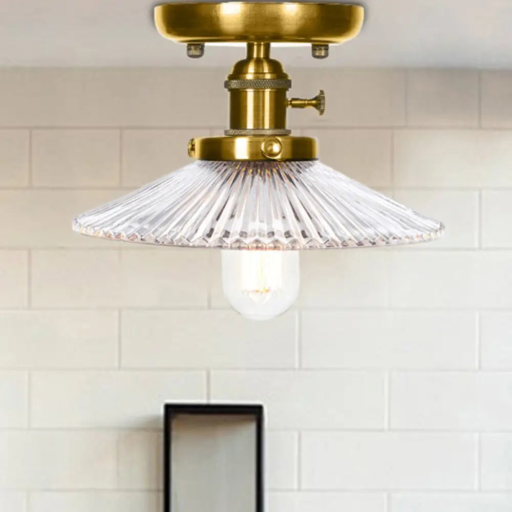 Industrial Bronze Cone/Saucer Semi Flush Mount Light With White/Clear Glass - 1 Living Room Ceiling