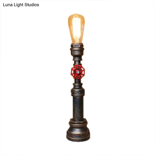 Industrial Bronze Metallic Plumbing Pipe Table Light With Open Bulb And Valve