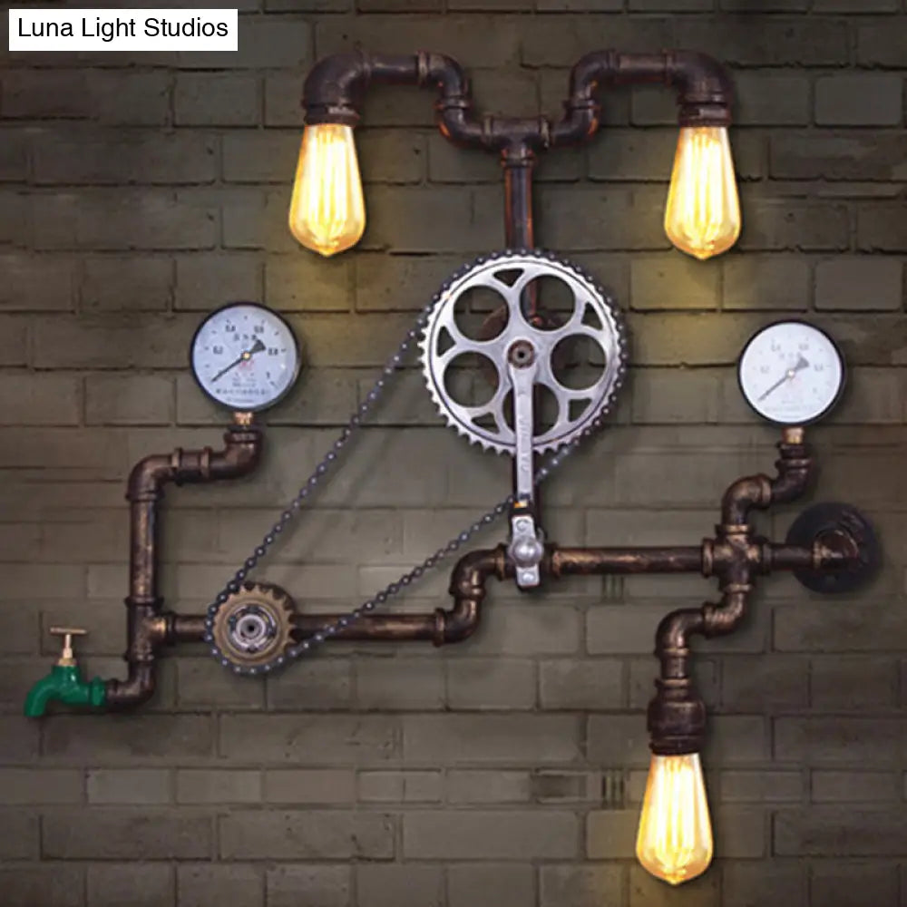 Industrial Bronze Pipe Wall Mount Light: 3-Head Restaurant Fixture With Sprocket Chain