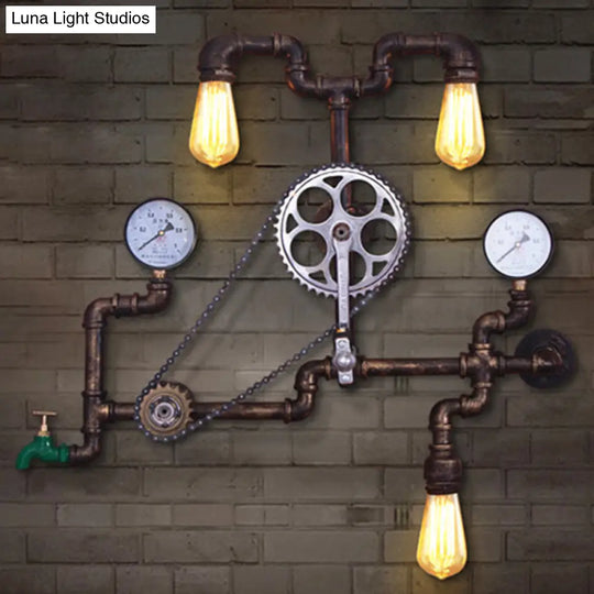 Industrial Bronze Pipe Wall Mount Light: 3-Head Restaurant Fixture With Sprocket Chain