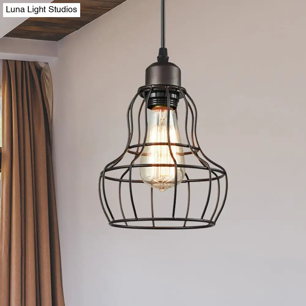 Bronze 1 Light Industrial Metal Wire Cage Pendant Lamp For Bedroom - Hanging Fixture