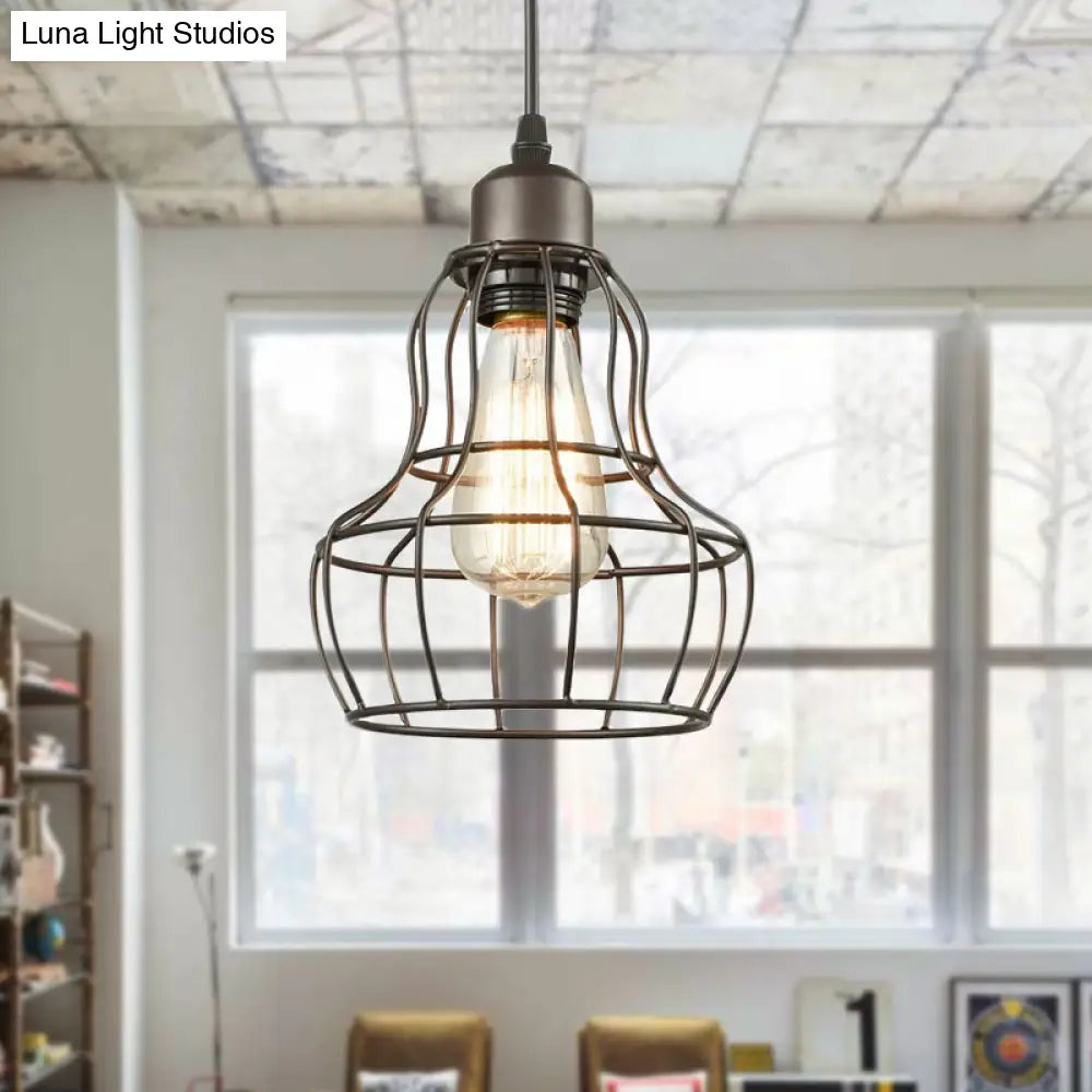 Industrial Bronze Wire Cage Pendant Lamp - 1 Light Hanging Fixture For Bedroom