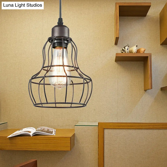 Bronze 1 Light Industrial Metal Wire Cage Pendant Lamp For Bedroom - Hanging Fixture