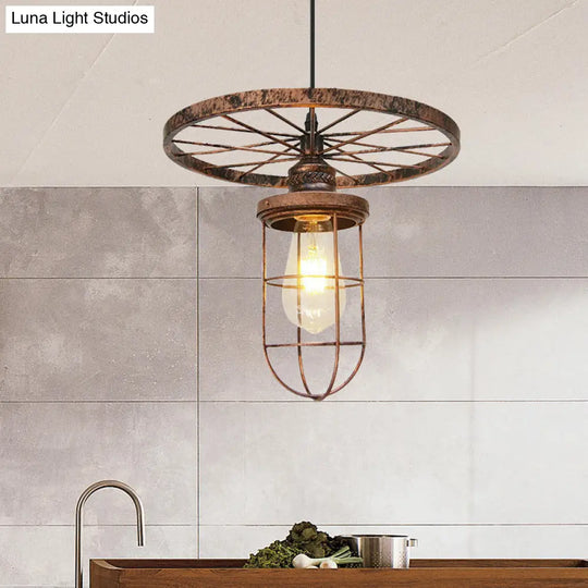 Industrial Bronze Wire Frame Hanging Lamp With Wrought Iron Details And Restaurant Ceiling Mount