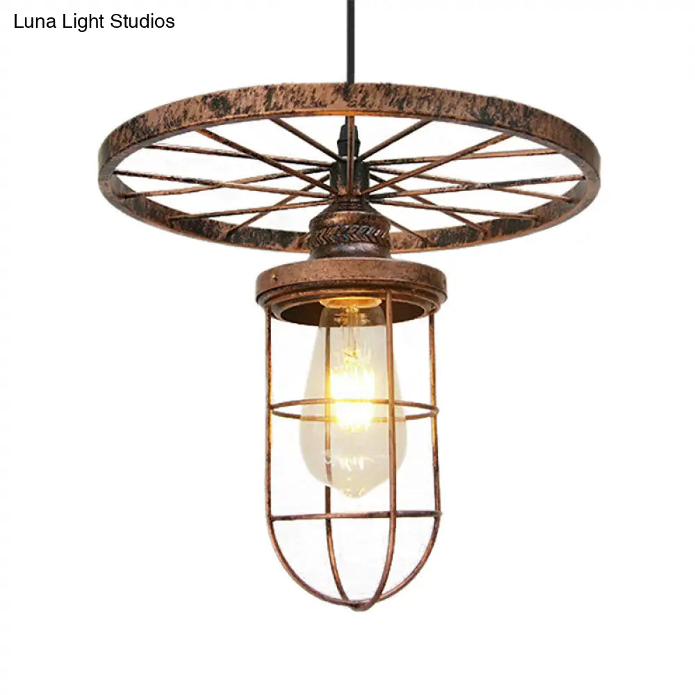 Industrial Bronze Wire Frame Hanging Lamp With Wrought Iron Details And Restaurant Ceiling Mount