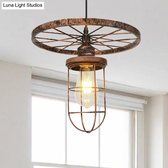 Industrial Bronze Wire Frame Hanging Lamp With Wrought Iron Design - Stylish 1 Light Restaurant