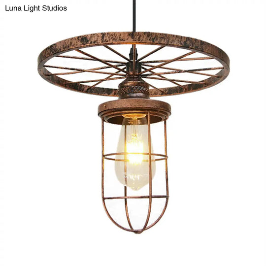 Industrial Bronze Wire Frame Hanging Lamp With Wrought Iron Design - Stylish 1 Light Restaurant
