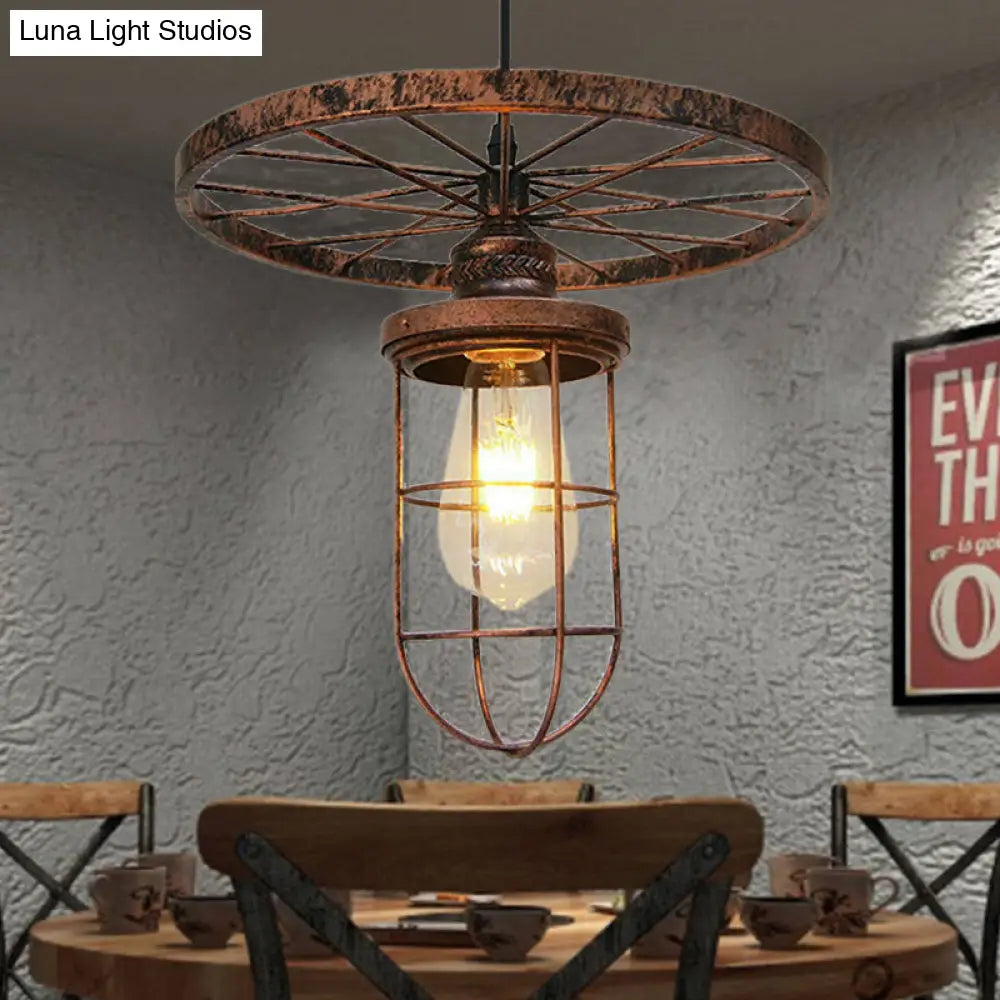 Industrial Bronze Wire Frame Hanging Lamp With Wrought Iron Design - Stylish 1 Light Restaurant