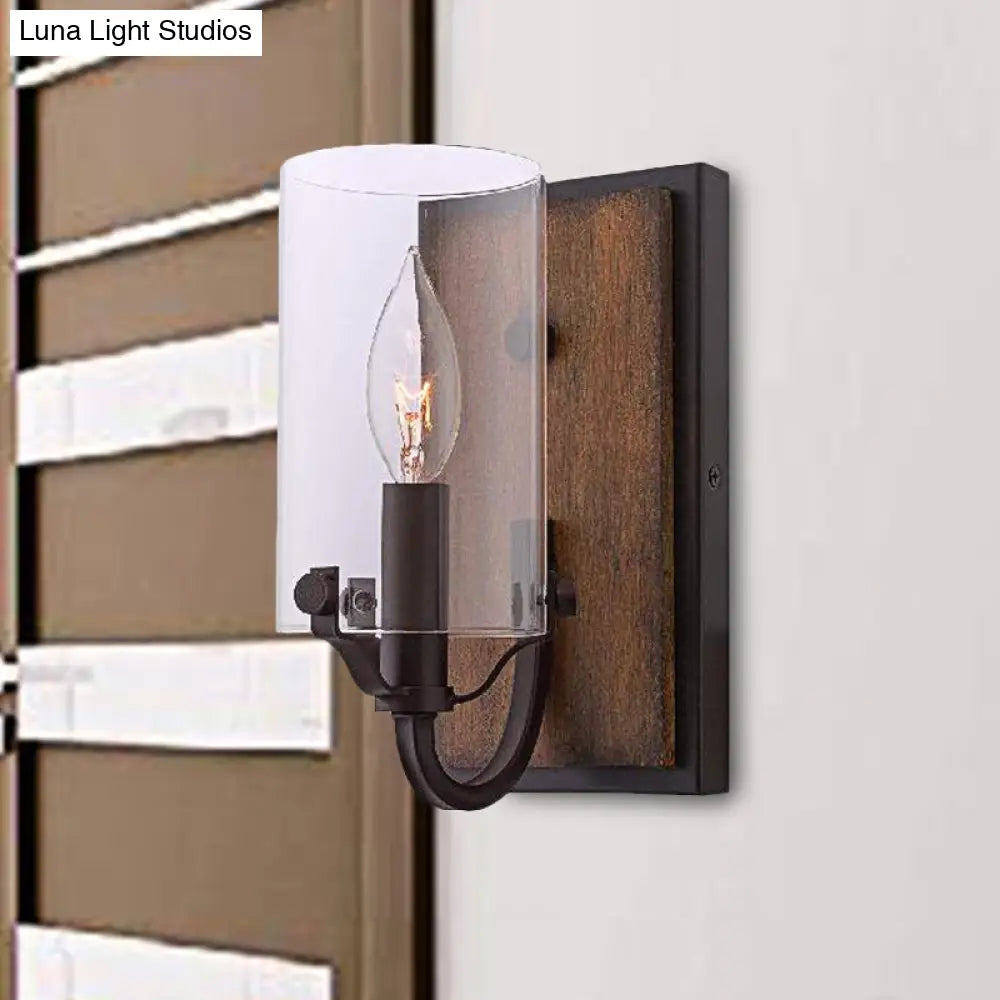 Industrial Brown Glass Wall Mounted Light Fixture With Wooden Backplate