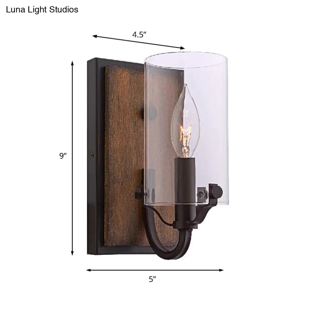 Industrial Brown Glass Wall Mounted Light Fixture With Wooden Backplate