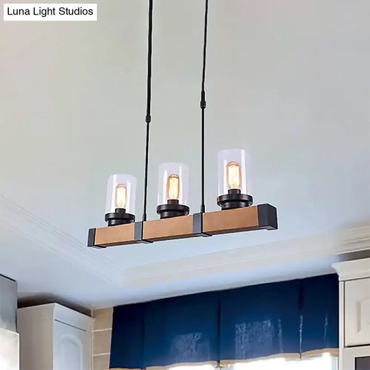 Industrial Brown Island Lighting With Clear Glass Cylinder Shades - 3/6 Lights Perfect For Dining