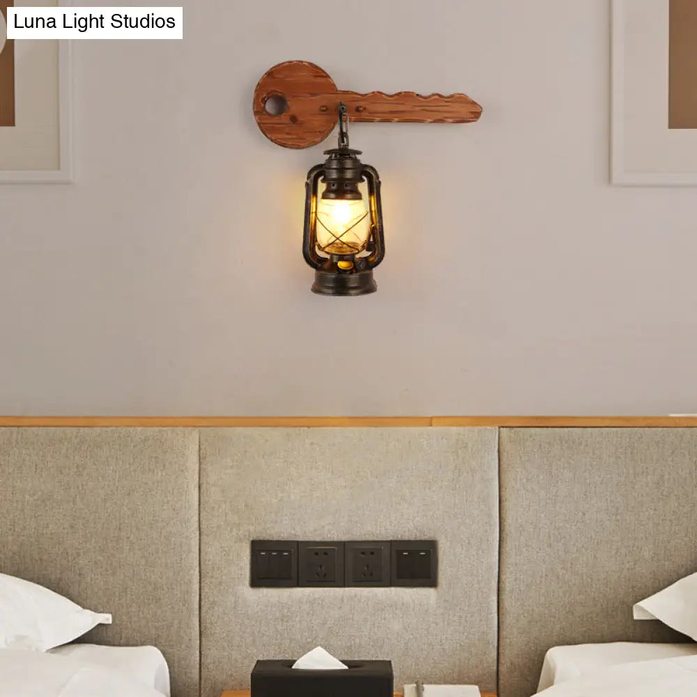 Industrial Brown Kerosene Wall Mount Lamp With Clear Glass & Wood Backplate - 1 Bulb Light Fixture