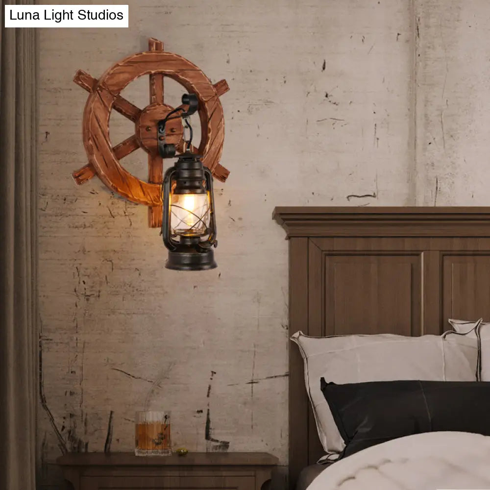 Industrial Brown Kerosene Wall Mount Lamp With Clear Glass & Wood Backplate - 1 Bulb Light Fixture