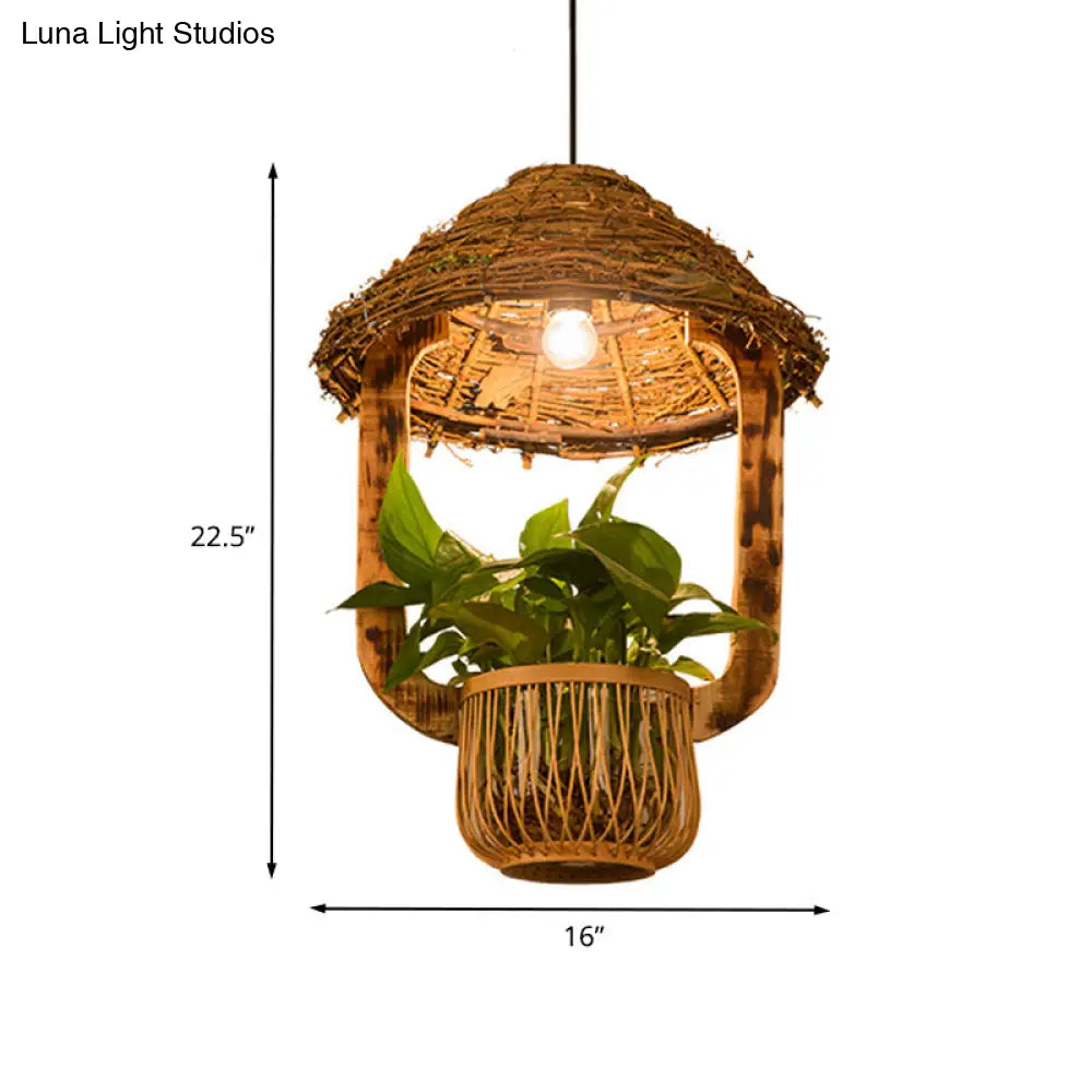 Industrial Brown Rattan Pendant Light For Restaurants - Hut Plant Pot Design