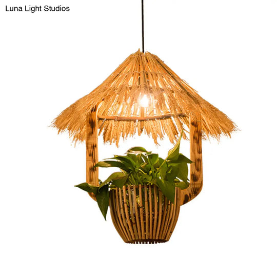 Industrial Brown Rattan Pendant Light For Restaurants - Hut Plant Pot Design