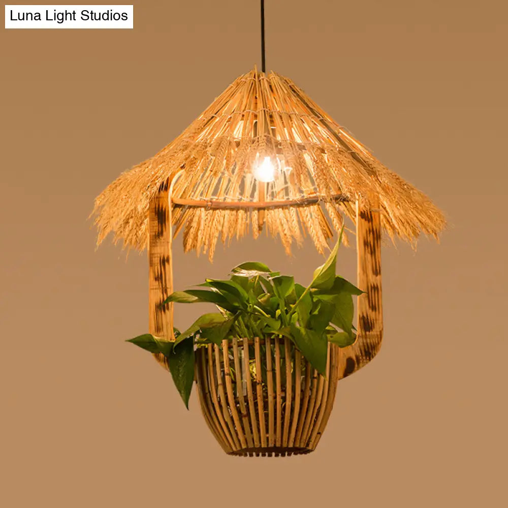 Industrial Brown Rattan Pendant Light For Restaurants - Hut Plant Pot Design