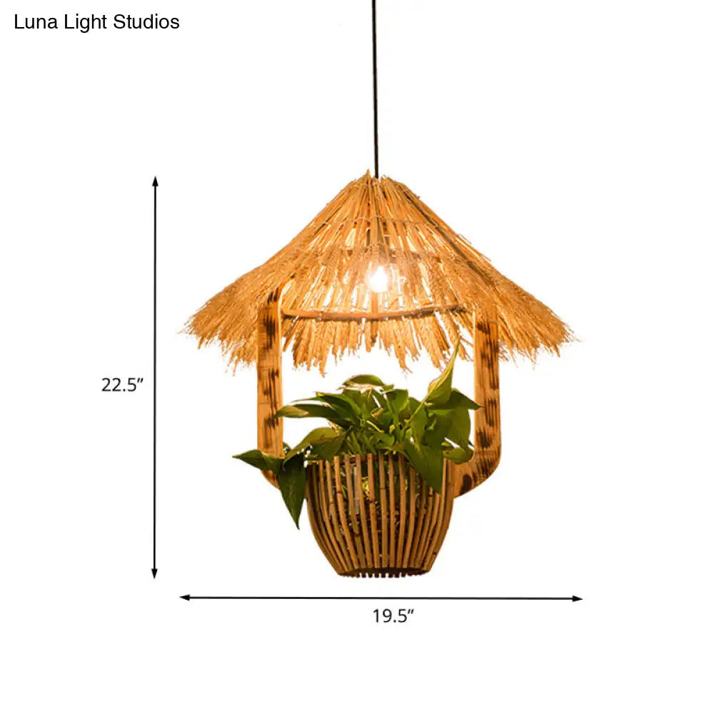 Industrial Brown Rattan Pendant Light For Restaurants - Hut Plant Pot Design