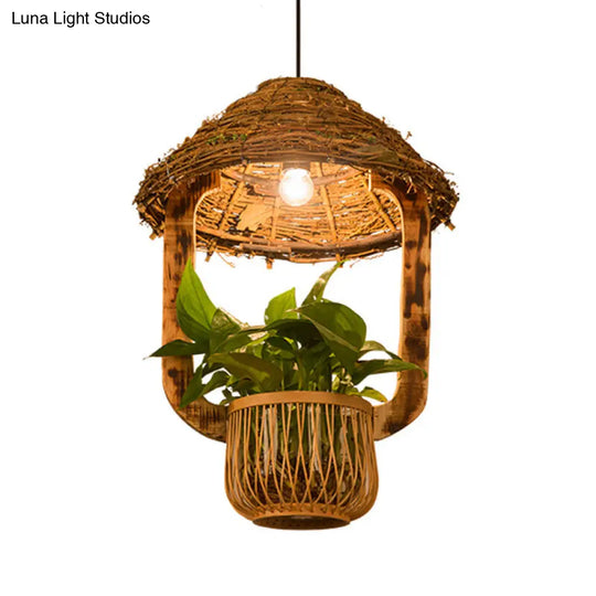 Rattan Pendant Lighting - Industrial Brown Hut Design Restaurant Pendulum Light