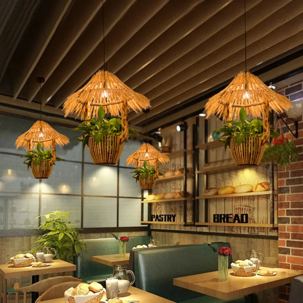 Industrial Brown Rattan Pendant Light For Restaurants - Hut Plant Pot Design / A