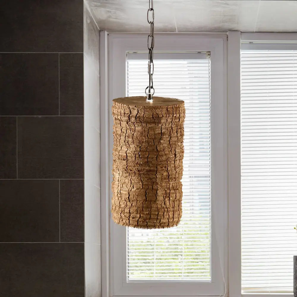 Industrial Brown Resin Pendant Ceiling Lamp - Timber Pile Design 1 Light Cylinder Hanging Kit