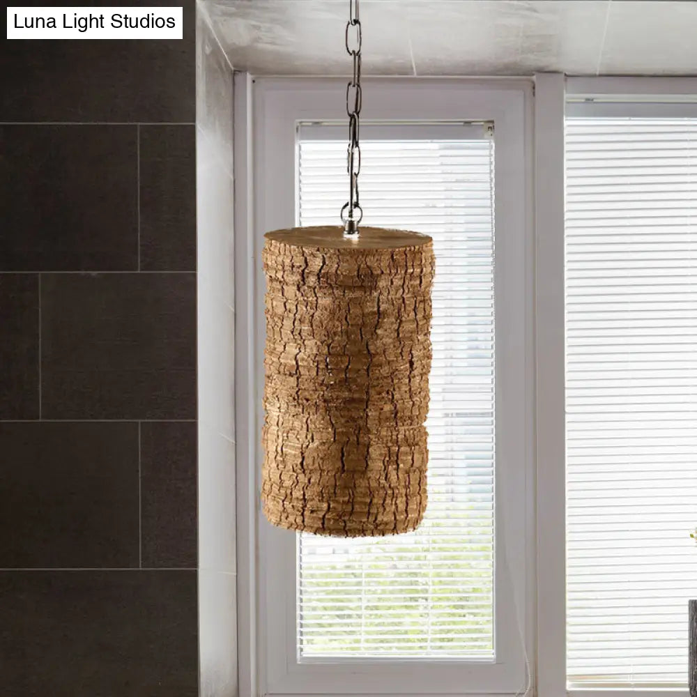 Industrial Brown Resin Pendant Ceiling Lamp - 1 Light Cylinder Hanging Kit With Timber Pile Design