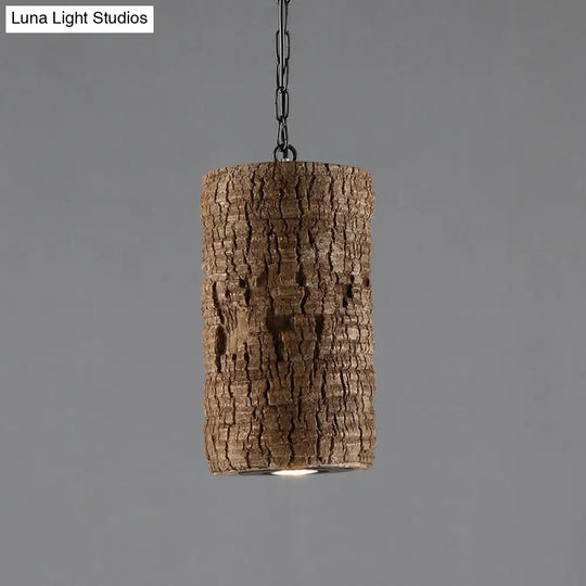 Industrial Brown Resin Pendant Ceiling Lamp - 1 Light Cylinder Hanging Kit With Timber Pile Design